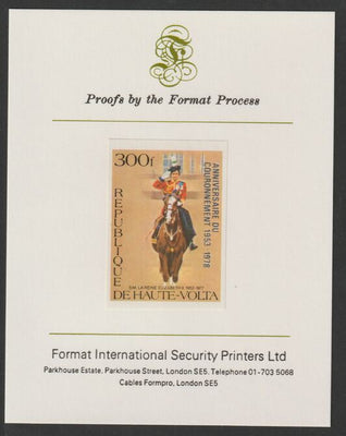 Upper Volta 1978 25th Anniversary of Coronation opt'd on Silver Jubilee 300f imperf proof mounted on Format International proof card