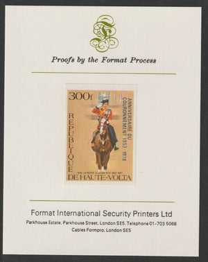 Upper Volta 1978 25th Anniversary of Coronation opt'd on Silver Jubilee 300f imperf proof mounted on Format International proof card