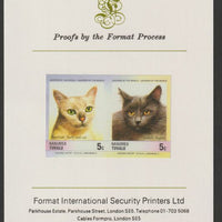 Tuvalu - Nanumea 1985 Cats 5c American Short-hair & Turkish Angora (Leaders of the World) imperf se-tenant pair mounted on Format International proof card