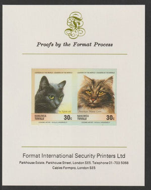 Tuvalu - Nanumea 1985 Cats 30c The Korat & American Maine Coon (Leaders of the World) imperf se-tenant pair mounted on Format International proof card