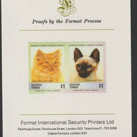 Tuvalu - Nanumea 1985 Cats $1 Long Haired Ginger & Siamese Seal Point (Leaders of the World) imperf se-tenant pair mounted on Format International proof card