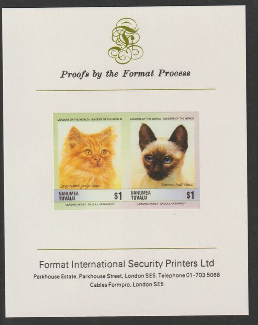 Tuvalu - Nanumea 1985 Cats $1 Long Haired Ginger & Siamese Seal Point (Leaders of the World) imperf se-tenant pair mounted on Format International proof card