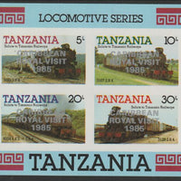 Tanzania 1985 Locomotives m/sheet (as SG MS 434) imperf proof with the unissued 'Caribbean Royal Visit 1985' opt in silver, unmounted mint