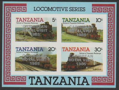 Tanzania 1985 Locomotives m/sheet (as SG MS 434) imperf proof with the unissued 'Caribbean Royal Visit 1985' opt in silver, unmounted mint