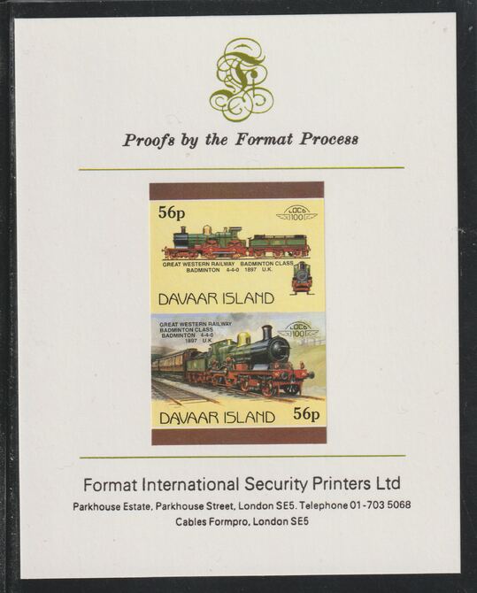 Davaar Island 1983 Locomotives #1 GWR Badminton Class 4-4-0 loco 56p se-tenant imperf proof pair mounted on Format International proof card,