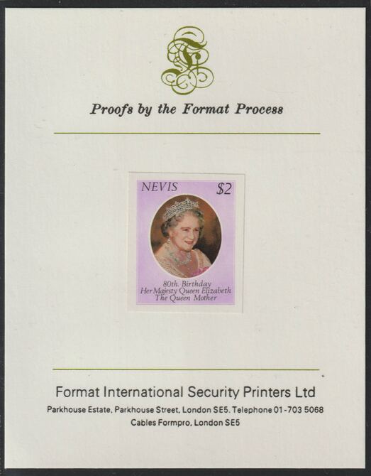 Nevis 1980 Queen Mother's 80th Birthday $2 imperf mounted on Format International proof card as SG 50
