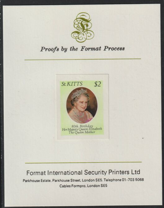 St Kitts 1980 Queen Mother's 80th Birthday $2 imperf mounted on Format International proof card as SG 48