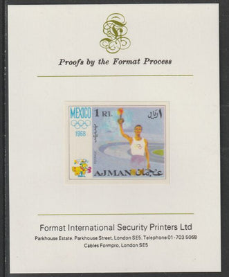 Ajman 1968 Torch Bearer 1R from Mexico Olympics set, imperf proof mounted on Format International proof card, as Mi 247B