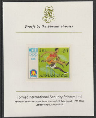 Ajman 1968 Hurdling 1R from Mexico Olympics set, imperf proof mounted on Format International proof card, as Mi 249B