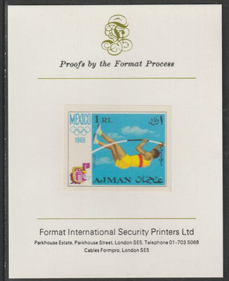 Ajman 1968 Pole Vault 1R from Mexico Olympics set, imperf proof mounted on Format International proof card, as Mi 250B