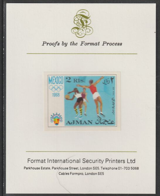 Ajman 1968 Basketball 2R from Mexico Olympics set, imperf proof mounted on Format International proof card, as Mi 252B