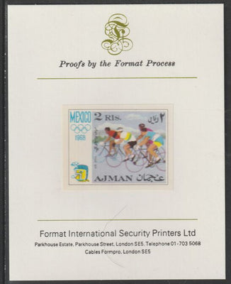 Ajman 1968 Cycling 2R from Mexico Olympics set, imperf proof mounted on Format International proof card, as Mi 253B