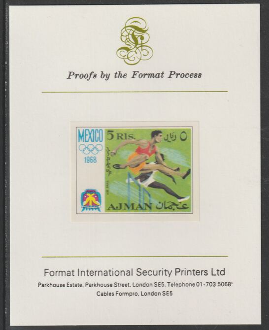 Ajman 1968 Hurdling 5R (ex m/sheet) from Mexico Olympics set, imperf proof mounted on Format International proof card, as Mi 255B