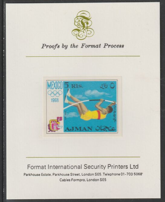 Ajman 1968 Pole Vault 5R (ex m/sheet) from Mexico Olympics set, imperf proof mounted on Format International proof card, as Mi 256B
