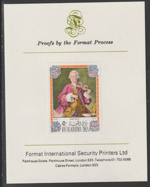 Ras Al Khaima 1972 Portraits of Mozart #1 imperf mounted on Format International proof card, as Mi 642B