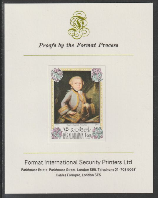 Ras Al Khaima 1972 Portraits of Mozart #3 imperf mounted on Format International proof card, as Mi 644B