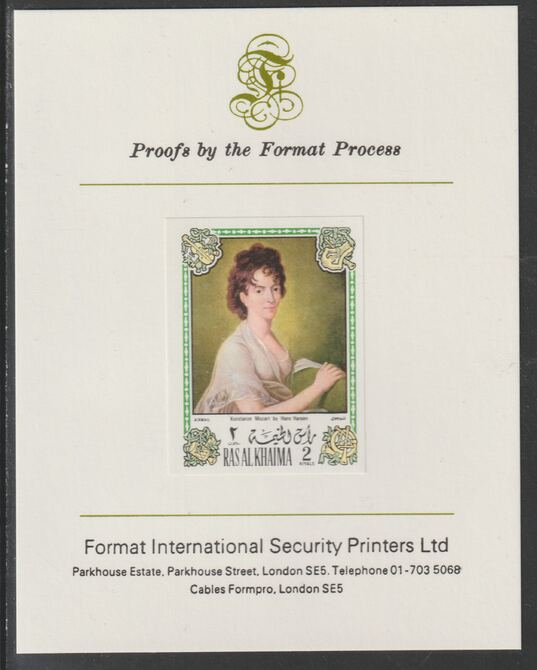 Ras Al Khaima 1972 Portraits of Mozart #4 imperf mounted on Format International proof card, as Mi 645B