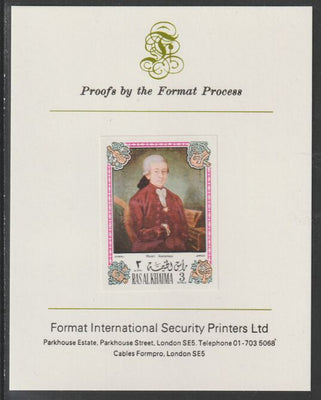 Ras Al Khaima 1972 Portraits of Mozart #5 imperf mounted on Format International proof card, as Mi 646B