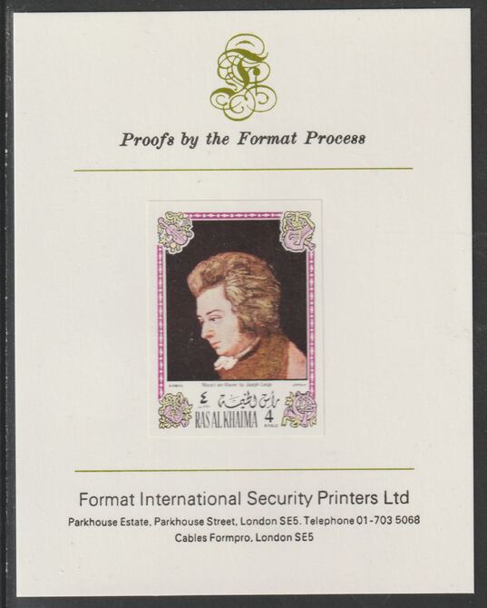 Ras Al Khaima 1972 Portraits of Mozart #6 imperf mounted on Format International proof card, as Mi 647B