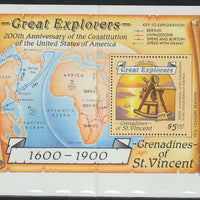 St Vincent - Grenadines 1988 Explorers $5 m/sheet (Sextant) with stamp perforated on three sides only (imperf at right) unmounted mint but creased.,(ex Format arcives)
