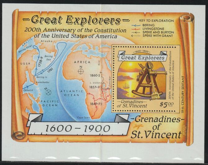 St Vincent - Grenadines 1988 Explorers $5 m/sheet (Sextant) with stamp perforated on three sides only (imperf at right) unmounted mint but creased.,(ex Format arcives)