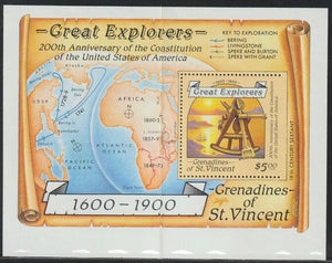 St Vincent - Grenadines 1988 Explorers $5 m/sheet (Sextant) with stamp perforated on three sides only (imperf at right) unmounted mint but creased.,(ex Format arcives)