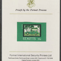 St Kitts 1985 Batik Designs 2nd series 15c (Bus) imperf proof mounted on Format International proof card as SG 169
