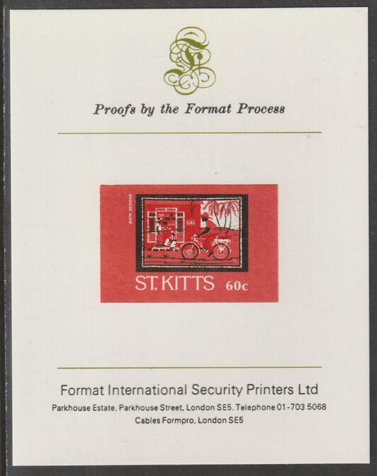 St Kitts 1985 Batik Designs 2nd series 60c (Rum Shop & Man on Bicycle) imperf proof mounted on Format International proof card as SG 171