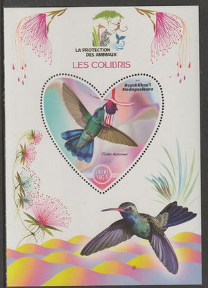 Madagascar 2017 Animal Protection - Humming Birds perf deluxe sheet containing one heart shaped value unmounted mint