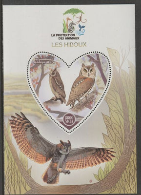 Madagascar 2017 Animal Protection - Owls perf deluxe sheet containing one heart shaped value unmounted mint