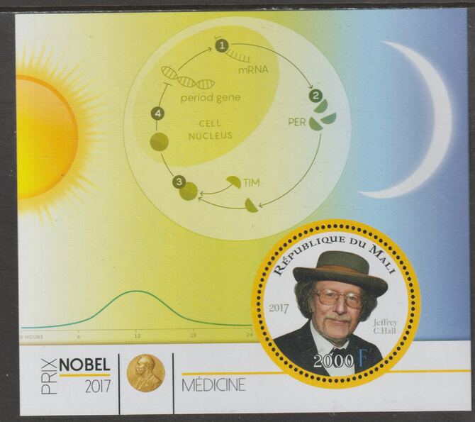 Mali 2017 Nobel Prize for Medicine - Jeffrey C Hall perf sheet containing one circular value unmounted mint