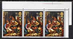 Great Britain 1967 Christmas 3d (Adoration by School of Seville) corner strip of 3 with double strike of perf comb at right unmounted mint SG 756var