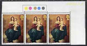 Great Britain 1967 Christmas 4d (Murillo) corner traffic light strip of 3 with gold shifted to right (Head touching perfs) unmounted mint (also shows shift of phosphor) SG 757var