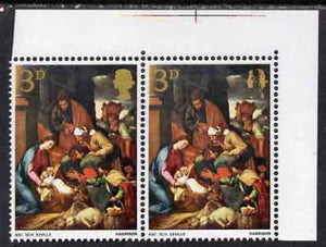 Great Britain 1967 Christmas 3d (Adoration by School of Seville) corner pair with dry print of gold (Queen's Head partly missing on one) unmounted mint SG 756var