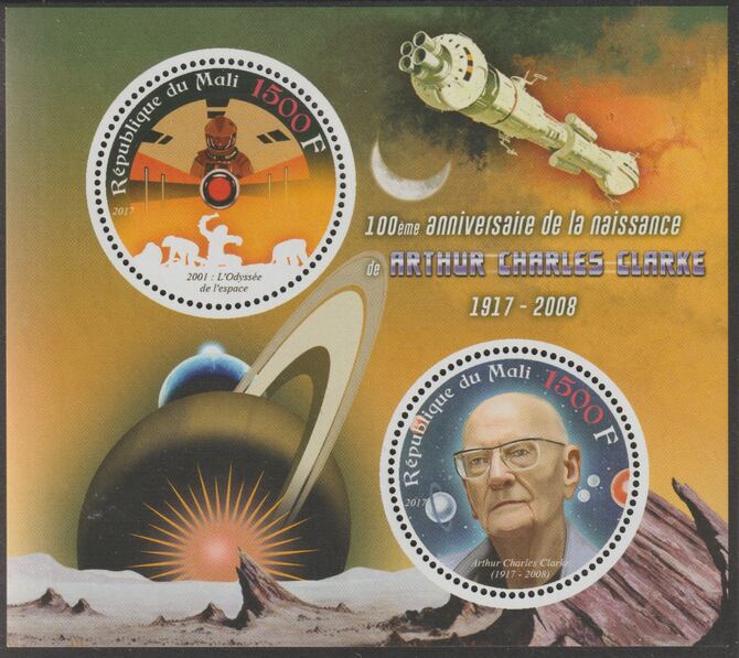 Mali 2017 Arthur C Clarke perf sheet containing two circular values unmounted mint