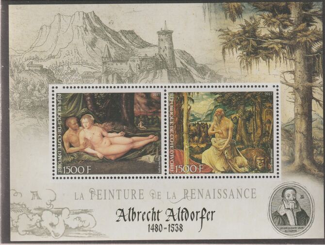 Ivory Coast 2017 Renaissance Painters - Albrecht Altdorfer perf sheet containing two values unmounted mint