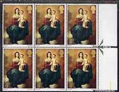 Great Britain 1967 Christmas 4d (Murillo) marginal block of 6 with double perfs, separated into 2 strips of 3 and rejoined with hinges, SG 757var