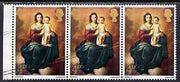 Great Britain 1967 Christmas 4d (Murillo) marginal strip of 3 with diagonal scratches affecting all 3 stamps, unmounted mint and most unusual, SG 757var