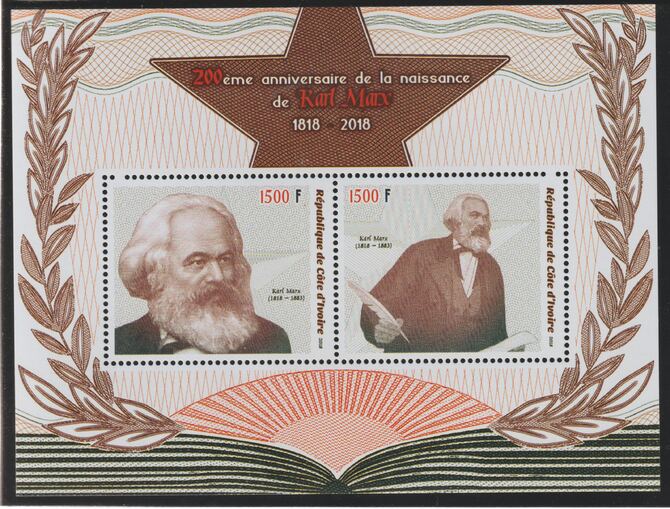 Ivory Coast 2018 Karl Marx 200th Birth Anniversary perf sheet containing two values unmounted mint