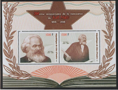 Ivory Coast 2018 Karl Marx 200th Birth Anniversary perf sheet containing two values unmounted mint