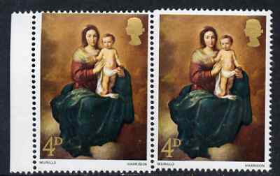 Great Britain 1967 Christmas 4d (Murillo) horizontal marginal pair with misplaced perf comb affecting left-hand stamp unmounted mint, SG 757var