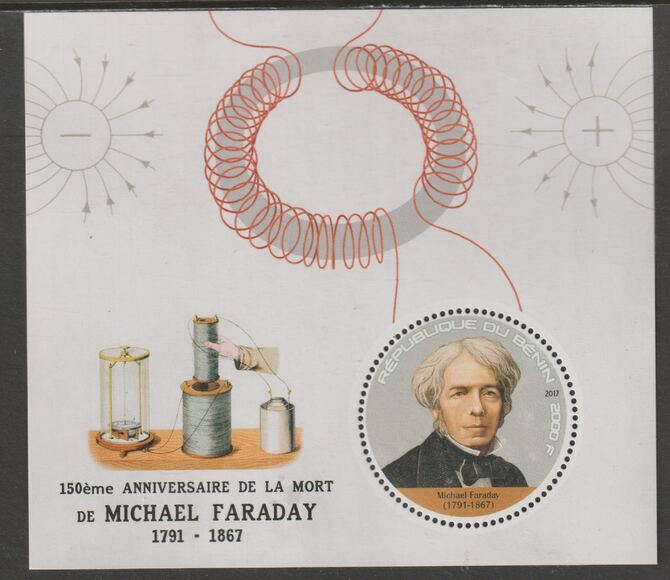 Benin 2017 Michael Faraday perf deluxe m/sheet containing one circular value unmounted mint