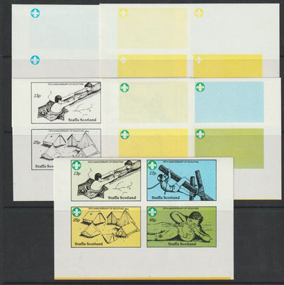 Staffa 1982 75th Anniversary of Scouting sheet of 4 values - the set of 5 imperf progressive proofs comprising 3 individual colours, 2 colour composite and all 3 colours as issued unmounted mint