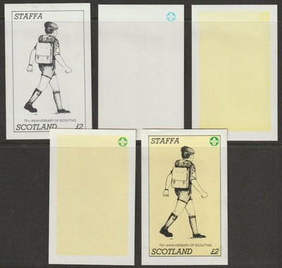 Staffa 1982 75th Anniversary of Scouting imperf deluxe sheet (£2 value) - the set of 5 imperf progressive proofs comprising 3 individual colours, 2 colour composite and all 3 colours as issued unmounted mint