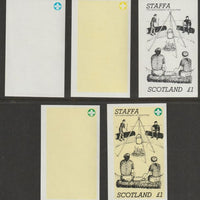 Staffa 1982 75th Anniversary of Scouting imperf souvenir sheet (£1 value) - the set of 5 imperf progressive proofs comprising 3 individual colours, 2 colour composite and all 3 colours as issued unmounted mint