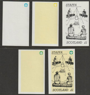 Staffa 1982 75th Anniversary of Scouting imperf souvenir sheet (£1 value) - the set of 5 imperf progressive proofs comprising 3 individual colours, 2 colour composite and all 3 colours as issued unmounted mint