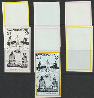 Davaar 1982 75th Anniversary of Scouting imperf souvenir sheet (£1 value) - the set of 7 imperf progressive proofs comprising the 4 individual colours, 2, 3 & all 4 colour composites unmounted mint