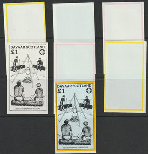 Davaar 1982 75th Anniversary of Scouting imperf souvenir sheet (£1 value) - the set of 7 imperf progressive proofs comprising the 4 individual colours, 2, 3 & all 4 colour composites unmounted mint