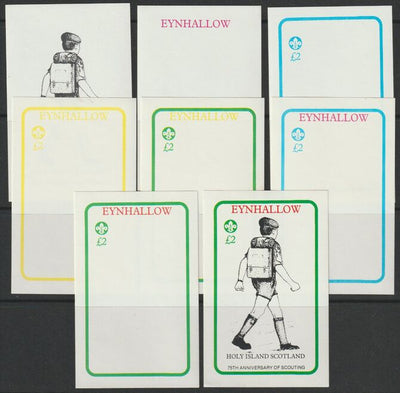 Eynhallow 1982 75th Anniversary of Scouting imperf deluxe sheet (£2 value) - the set of 7 imperf progressive proofs comprising the 4 individual colours, 2, 3 & all 4 colour composites unmounted mint