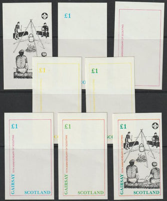 Gairsay 1982 75th Anniversary of Scouting imperf souvenir sheet (£1 value) - the set of 8 imperf progressive proofs comprising the 4 individual colours, 2, 3 & all 4 colour composites unmounted mint